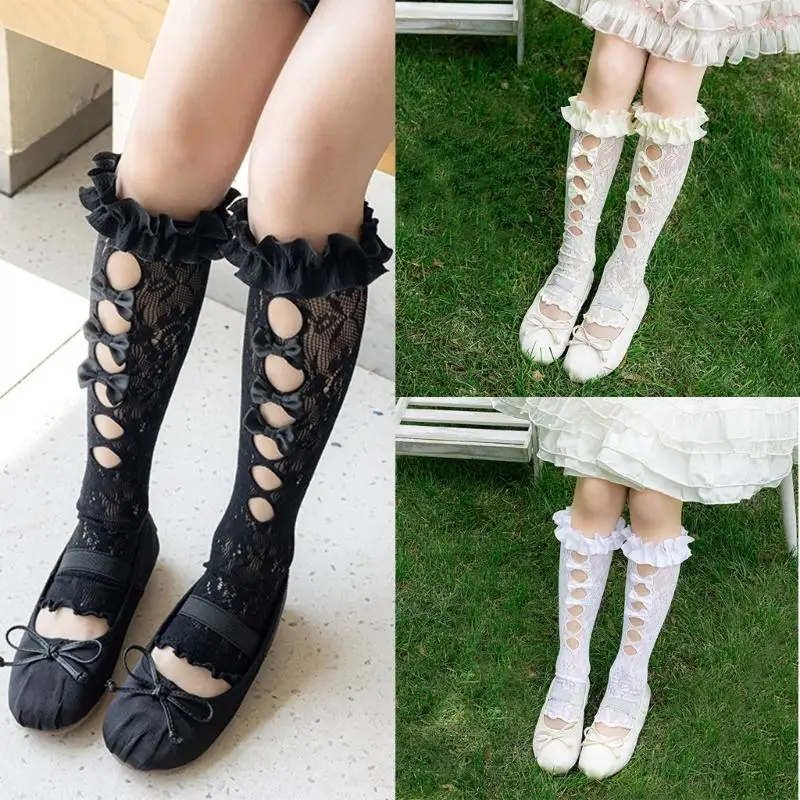 

L5YF Girls Stretchy Leg Warmer Sweet Bowknot Lace Detailing for Spring Wear