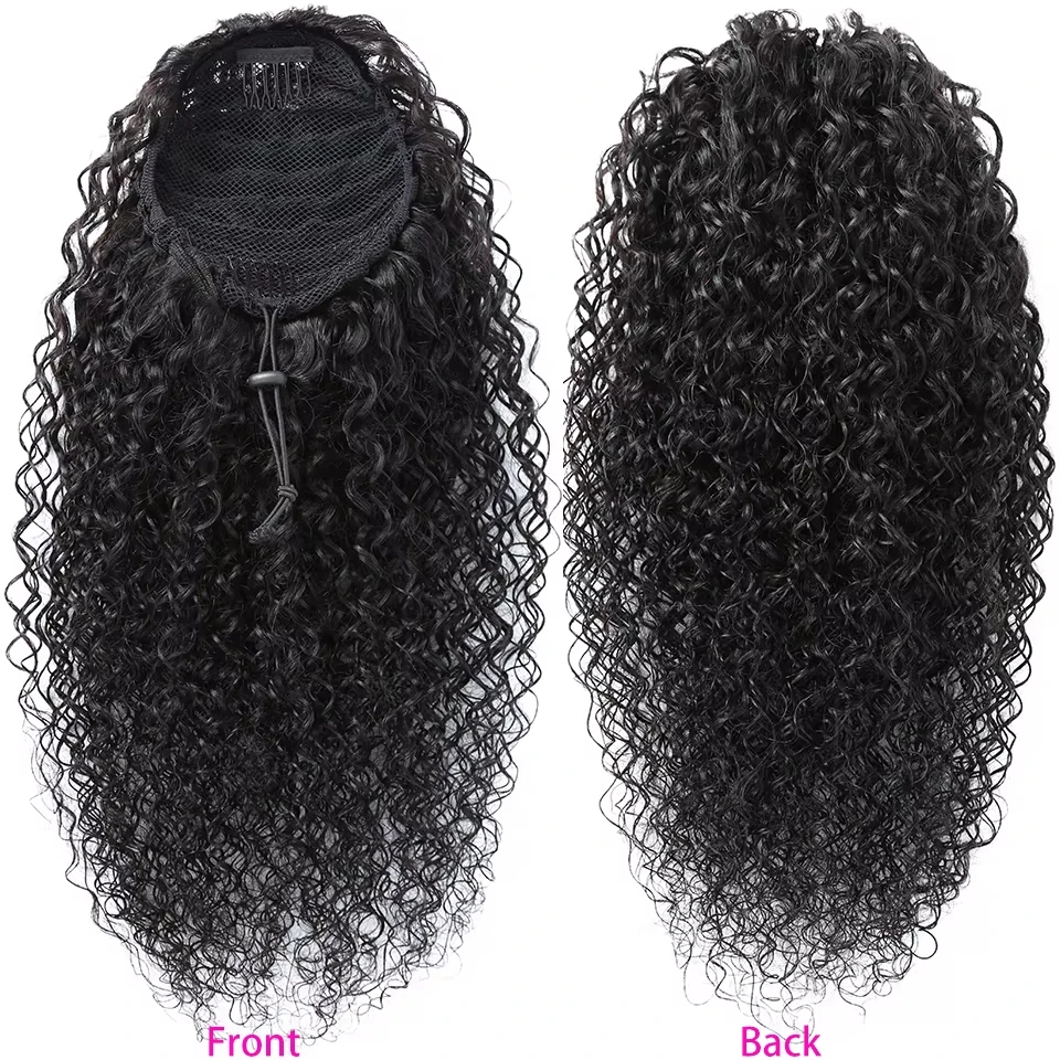 Kinky Curly Ponytail Human Hair Brazilian Ponytail Remy Brazilian Hair Extensions Clip 8-32Inch Pony Tail In Natural Black