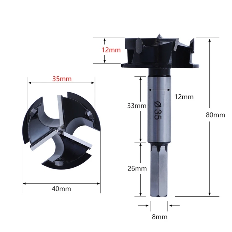 Forstner Drill Bit 3 Flutes Forstner Tip Woodwork 35mm Hinge Drill Bit 63-65HRC High Hardness Alloy Hand Tools