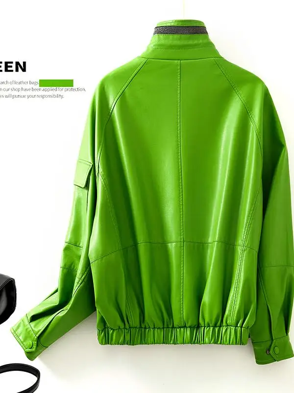 Faionable Real Leather Jaet Women's Loose Casual Biker Sle Autumn Winter eepskin Coat Trendy Zipper ort Length