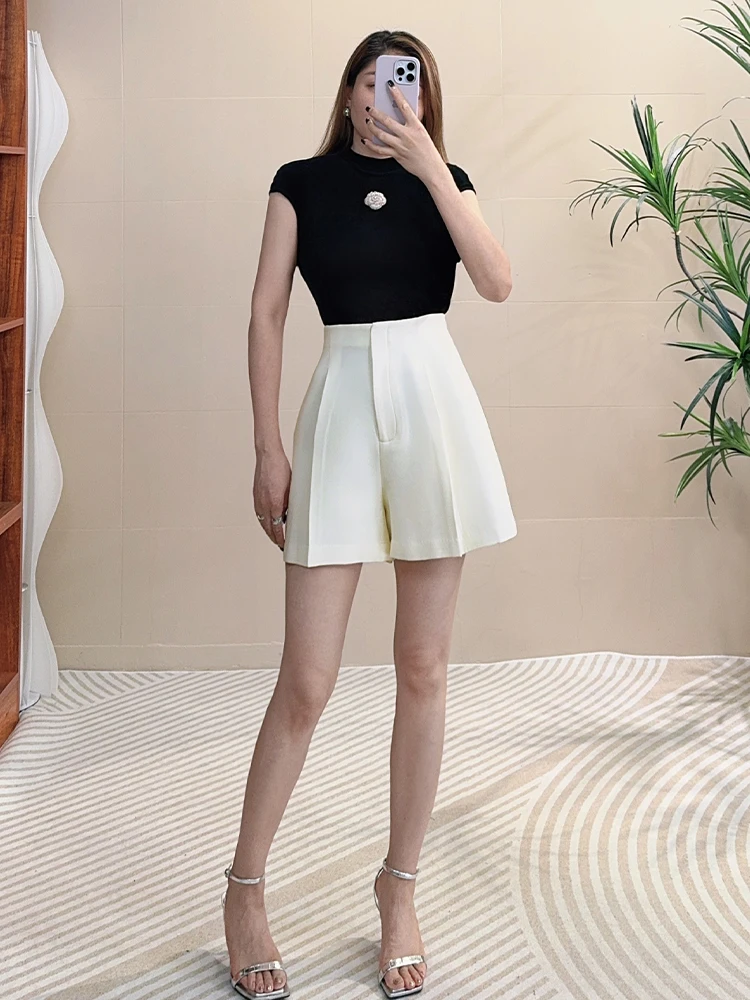 

Tangmi Home High Waist Silk Wool Wide Leg Suit Shorts Women's Summer Fashion Versatile Casual Pants High Quality Slimming