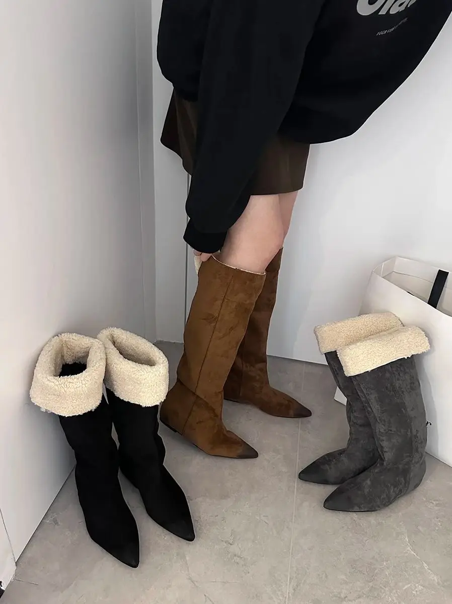 

2026 Winter New Women's Knee High Boots Korean Style Pointed Toe Suede Boots With Fleece Lined Warm Fashion Over The Knee Boots
