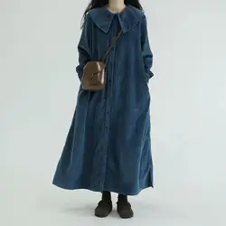 Vintage Fashion Corduroy Dresses Autumn Women Solid Ruffled Single Breasted Loose Long Sleeve A-line Ankle-Length Cardigan Dress