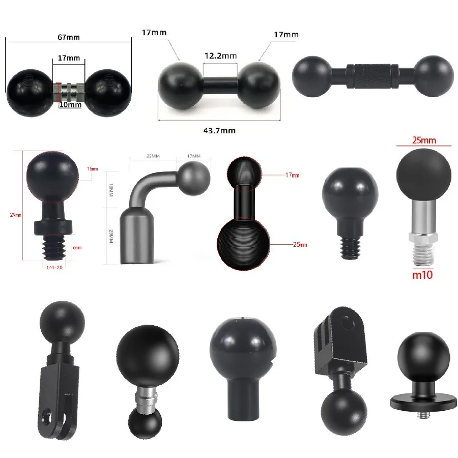 Adattatore per montaggio a testa sferica da 15mm 17mm 25mm a vite filettata M10 da 1/4 "per GoPro 11 10 9 per supporto per telefono con Action cam Insta360