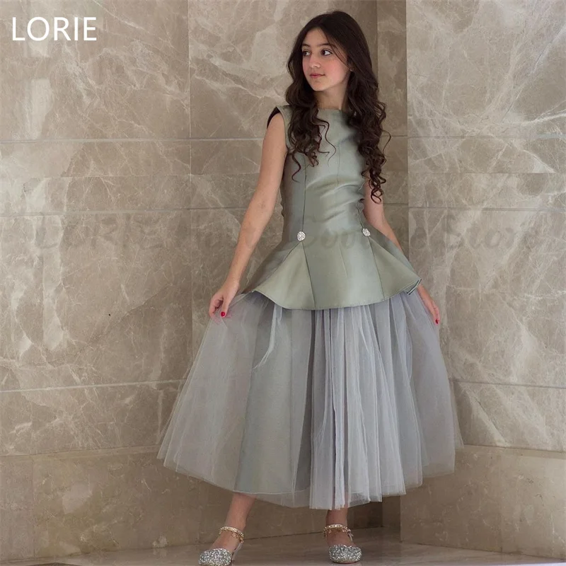 LORIE สีเทาสีเขียวดอกไม้สาวชุด Tulle ใจกว้างชุดสาวน้อยซาตินชุดเจ้าหญิงชุดเด็กผู้หญิงที่กําหนดเอง 2025