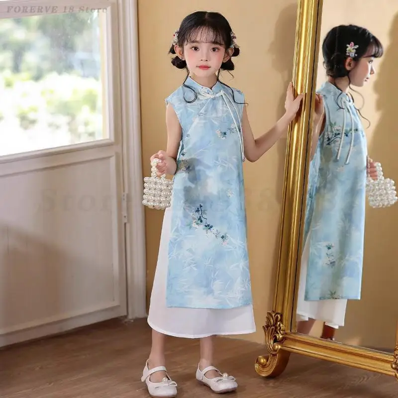 

Chinese Traditional Dress Summer Girl Vintage Mandarin Collar Cheongsam Vestidos Children's Casual Qipao Satin Printed Hanfu