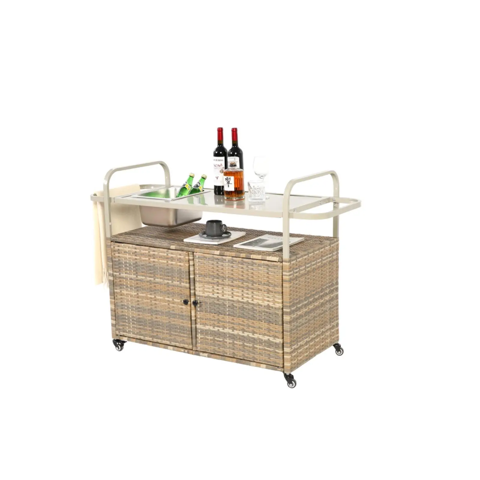 

Six Bar Outdoor Bar Table Steel Frame Wicker Cart with Cabinet Patio Utility Stand for Family Entertaining