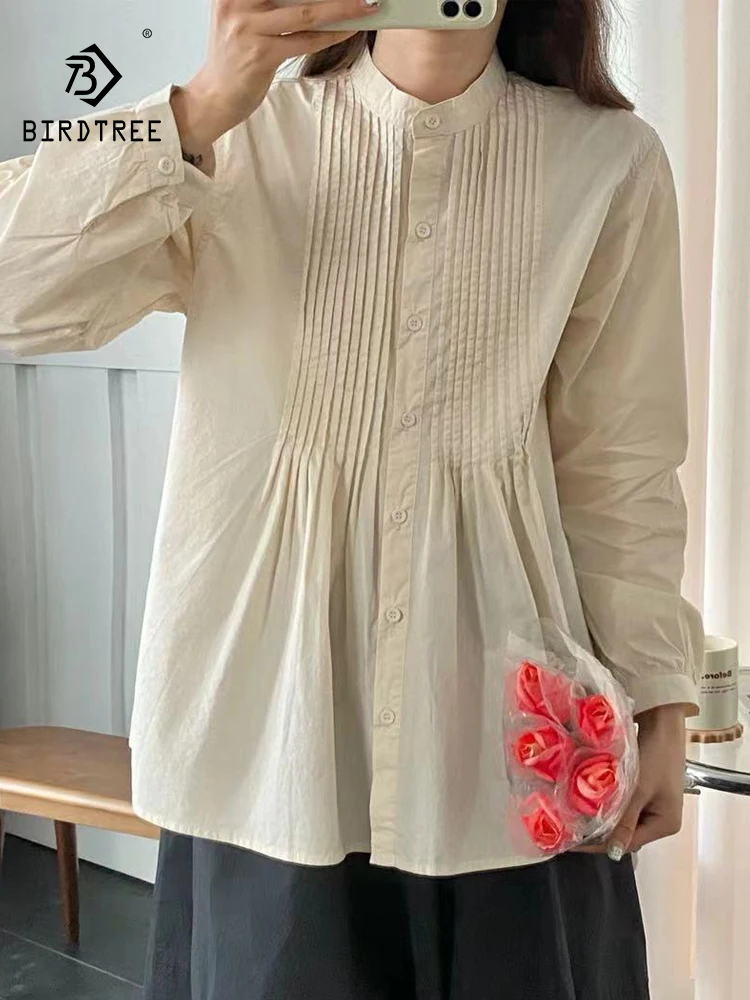 

Новинка 2025, осенняя хлопковая рубашка с длинными рукавами, женская лоскутная рубашка со складками, универсальная повседневная свободная блузка в стиле ретро Mori Girl T58483CC