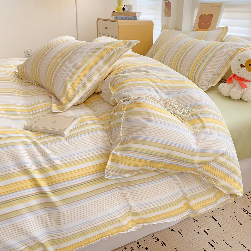 Light Yellow Striped Thick Duvet Cover Set Reversible Geometric Comforter Cover with 2 Zipper Bedding with Pillowcase Bed Sheet