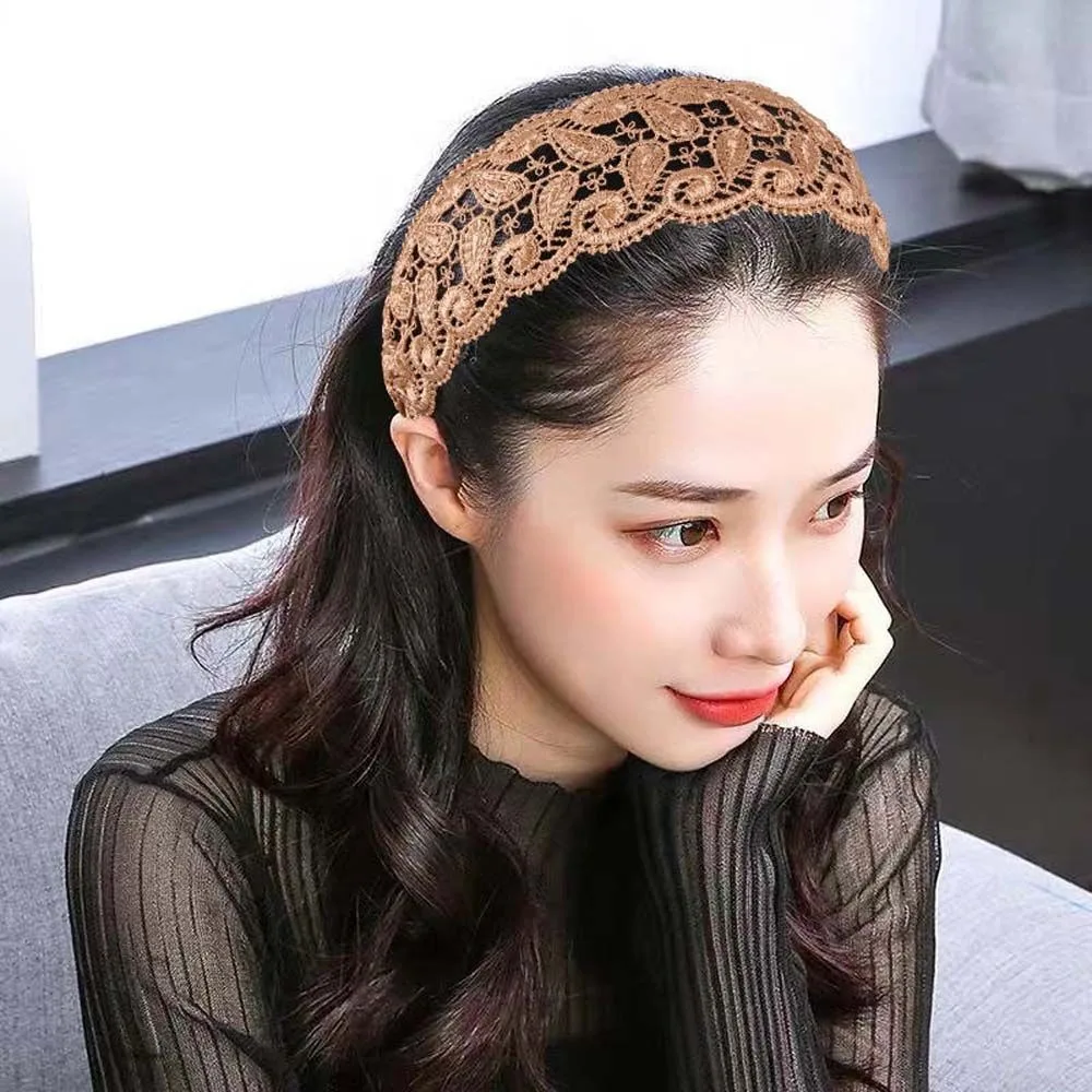 트렌디하고 우아한 할로우 워시 페이스 와이드 사이드, 레이스 헤어밴드, 한국 머리 랩, 여성 헤어 후프 머리띠