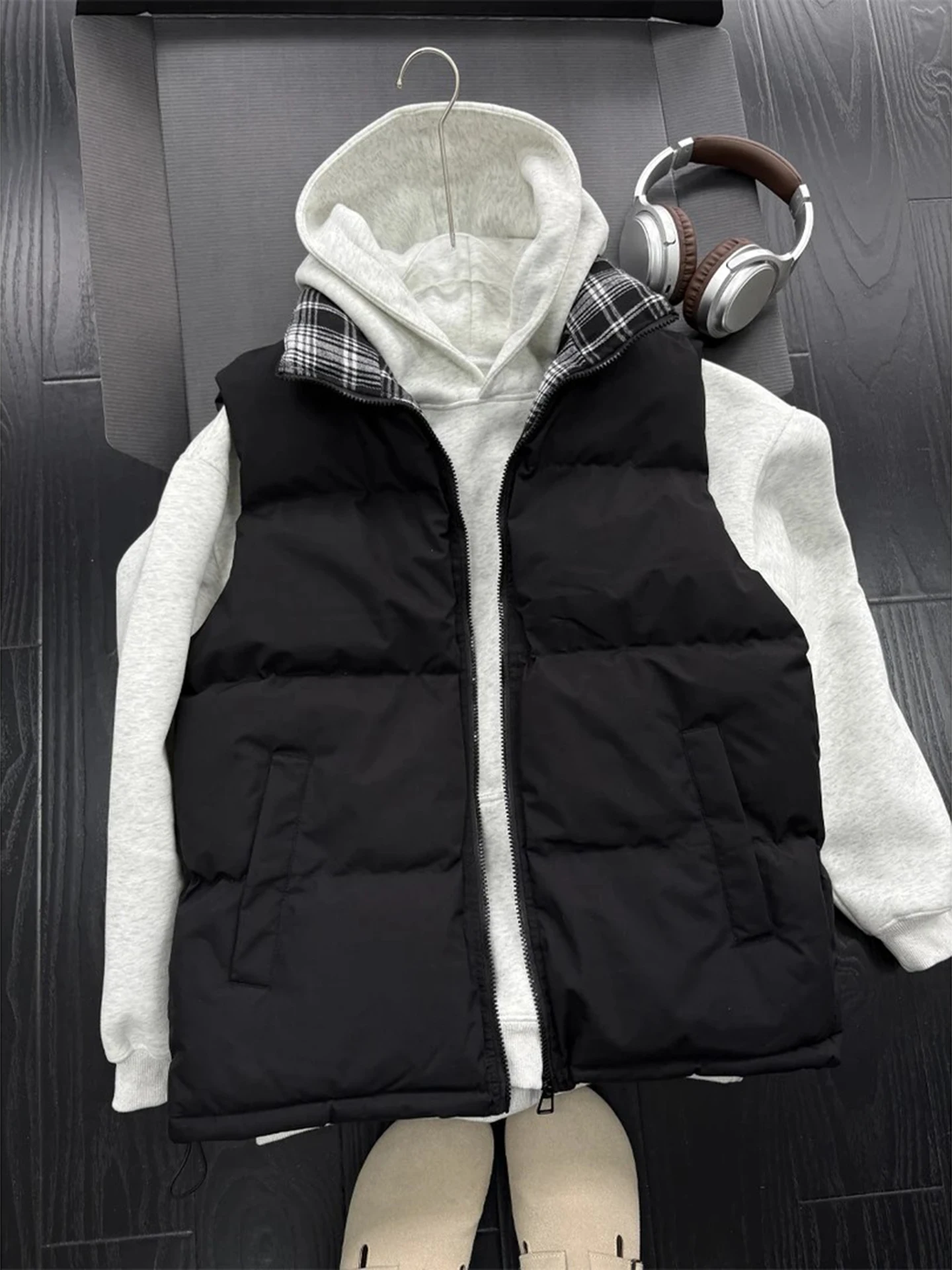 Black Plaid Splicing Men's down Vest Autumn Winter Warm Outerwear Shoulder Coat Trendy Brand Stand Collar Sleeveless Cotton J...