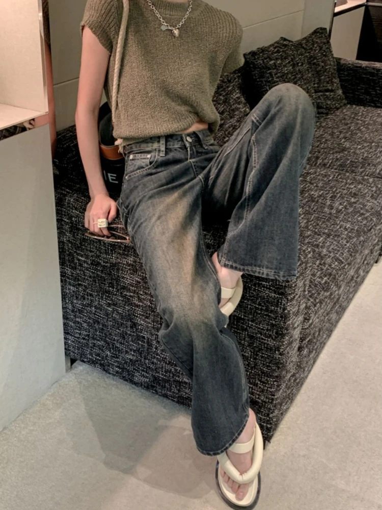 Distressed Jeans Women Vintage American Style Denim Full-length Chic All-match High Street Simple Loose Straight Trousers Basic