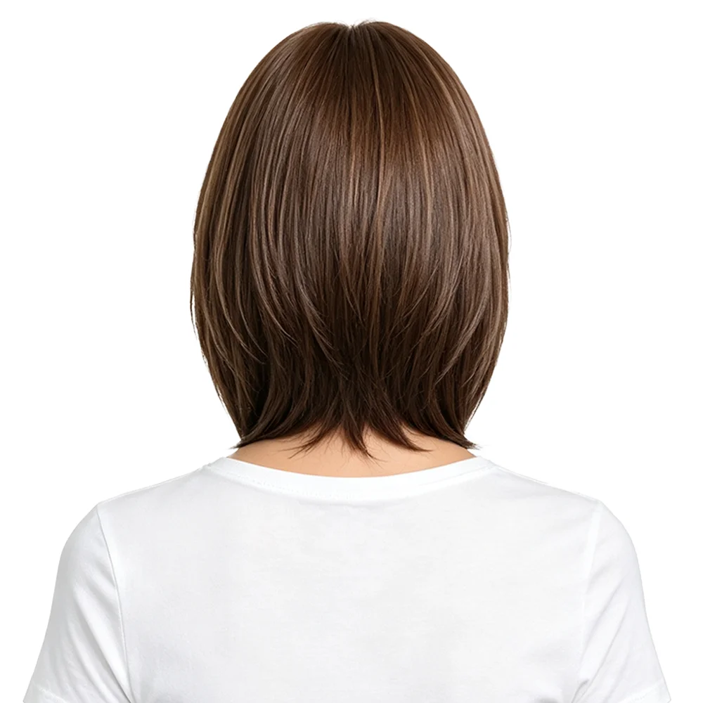 Short Straight Brown Layered Bob Wig With Side Bangs For Women Natural Looking Synthetic Heat Resistant Hair Daily Party Cosplay