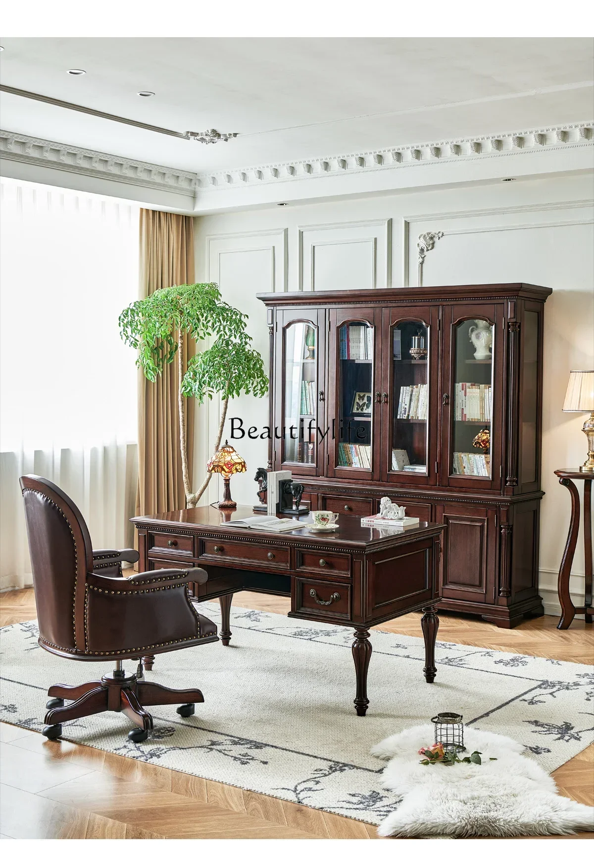 New Arrivals   American solid wood desk gold silk teak home desk retro book desk and chairss 7304