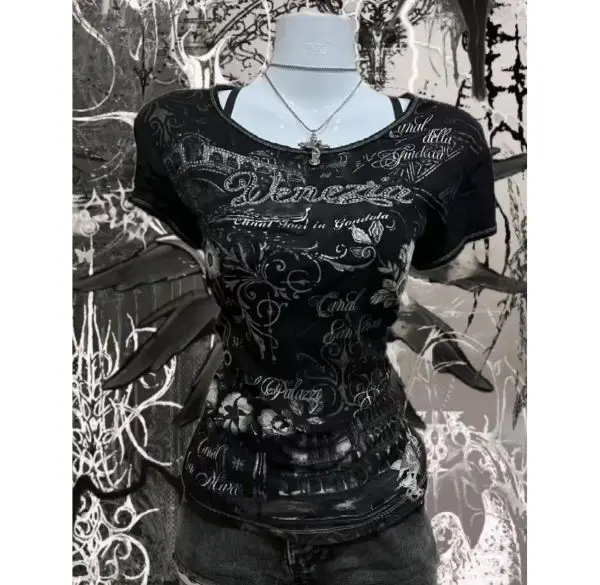 Aesthetic Tshirts Slim Pattern Print Y2k Punk Grunge O-Neck Goth Sexy Crop Top Harajuku Woman clothing Vintage Short Sleeve Tees