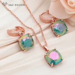 S&Z DESIGN New Fashion Square Crack Crystal Dangle Earrings Jewelry Sets For Women Wedding 585 Rose Gold Color Necklace Gift