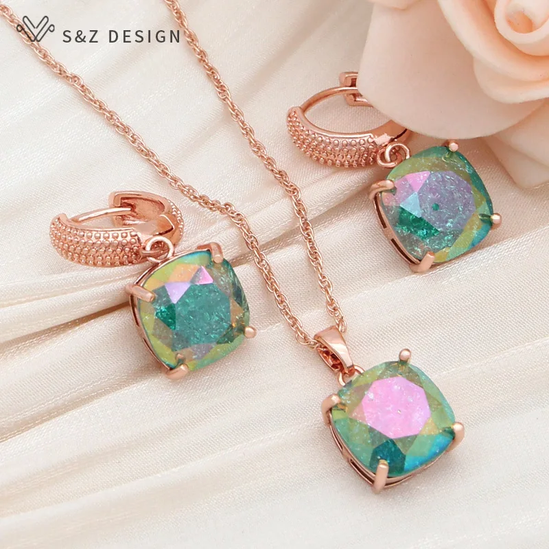 S&Z DESIGN New Fashion Square Crack Crystal Dangle Earrings Jewelry Sets For Women Wedding 585 Rose Gold Color Necklace Gift