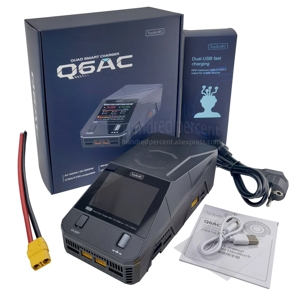 ToolkitRC Q6AC Charger AC 400W/DC 1000W 4CH output Built-in 65W USB A/TYPEC Output ,LiPo, 1-6S,NiMH 1-16S,PB 1-10S Charger IPS