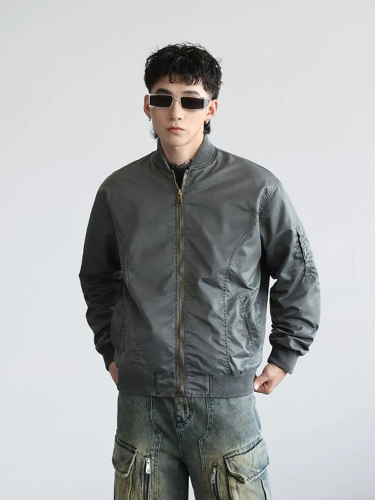 

Loose Fit Biker Casual Jacket Men's Spring Autumn Trendy Brand Handsome Pure Color Pilot Outerwear Long Sleeve Zipper Closure