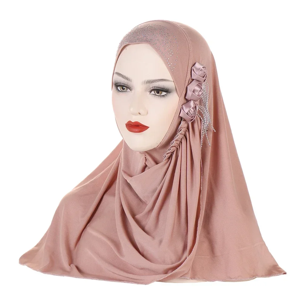 Tassel Diamonds Flower Instant Scarf Women Muslim Hijab One Piece Amira Islamic Pray Hat Pull On Ready Made To Wear Headwrap Cap