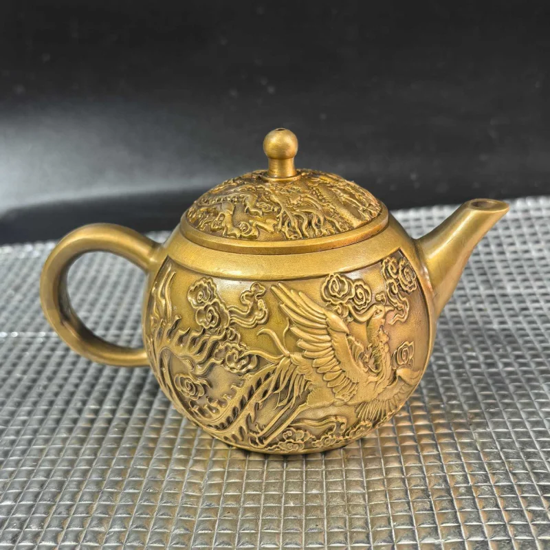 Brass and Phoenix Ornament, Bronze Teapot with Embossed Dragon Pattern, Creative Home Decor Craft