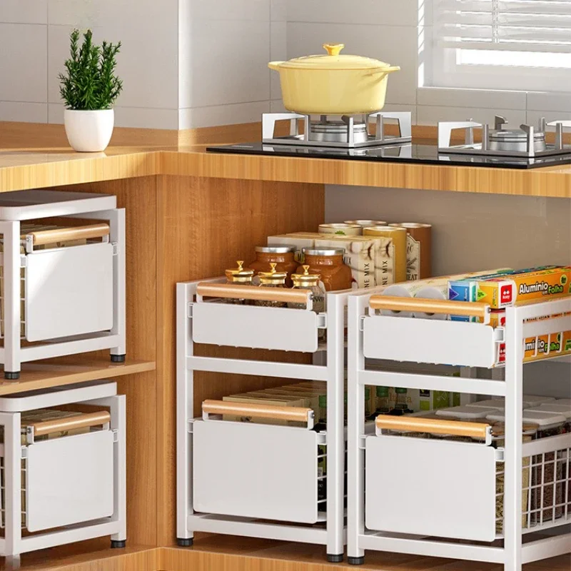 

Home Kitchen Storage Supplies with Sliding Drawer Shelf Carbon Steel Under Sink Cabinets Bathroom Cabinet Layered