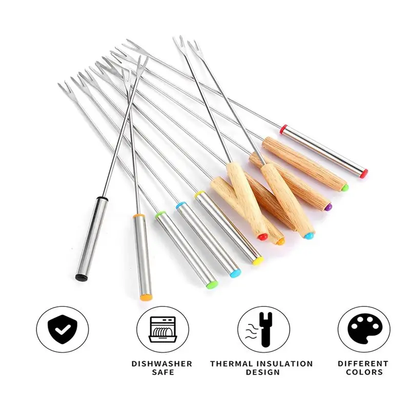 BAAJ-24 Pack Stainless Steel Fondue Forks, 12 Wood Handles And 12 Stainless Steel Handles, Heat Resistant Smores Sticks