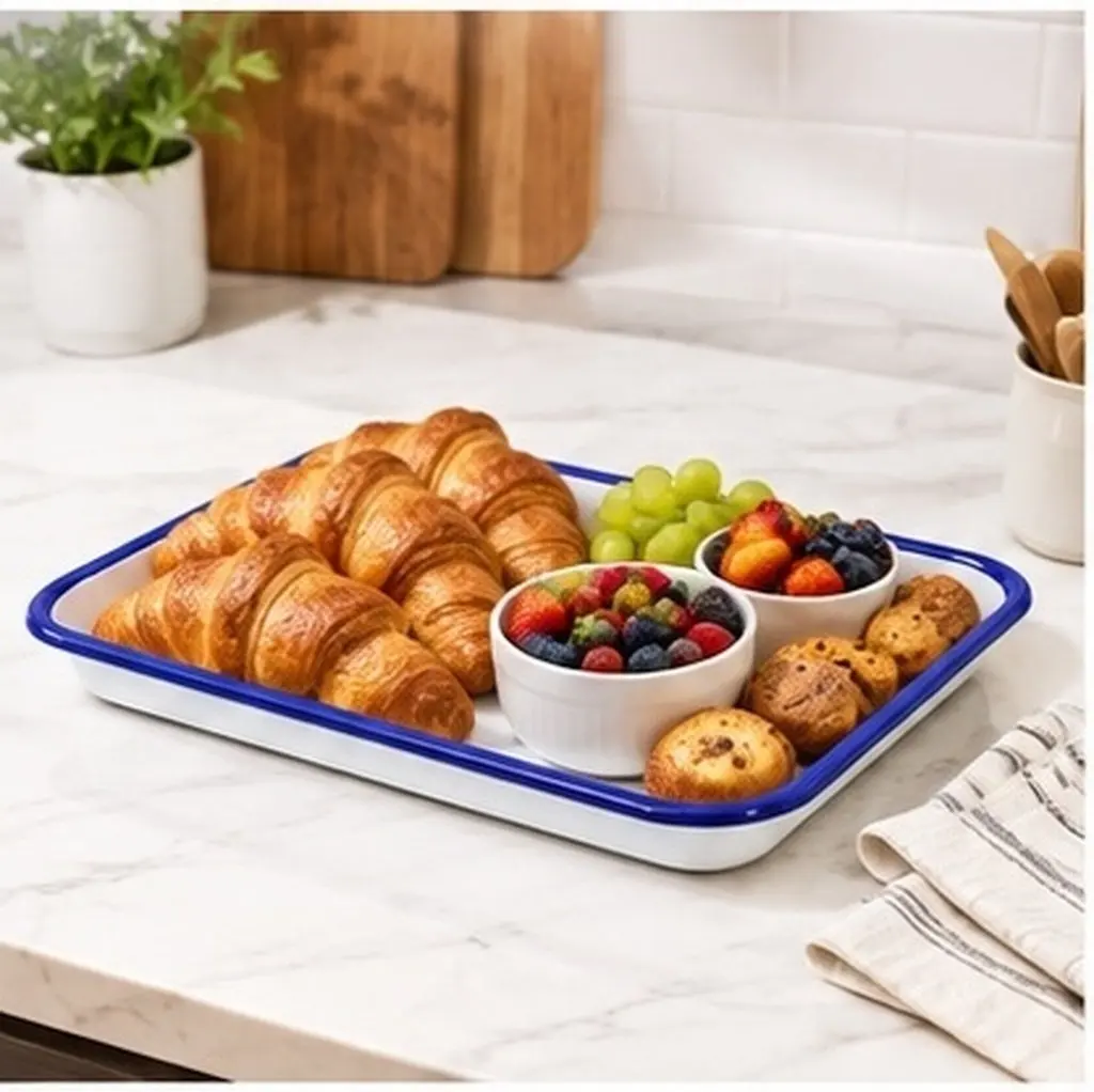 White Rectangular Enamel Serving Tray Elegant Minimalist Design Versatile for Kitchen Living Room Fruit Dessert Appetizer Snack