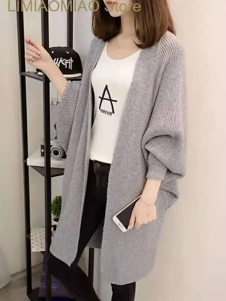 

New Fashion Autumn Winter Medium Length Sweater Coat Women Knitted Cardigan Bat Sleeve Solid Color Coat Oversized Cardigan