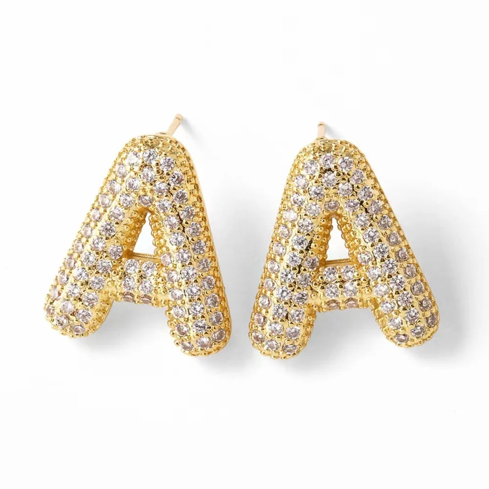 Dainty Balloon Crystal Bubble Letter Earrings for Women Chunky Gold Plated Initial Ear Studs Name Statement Jewelry Gifts