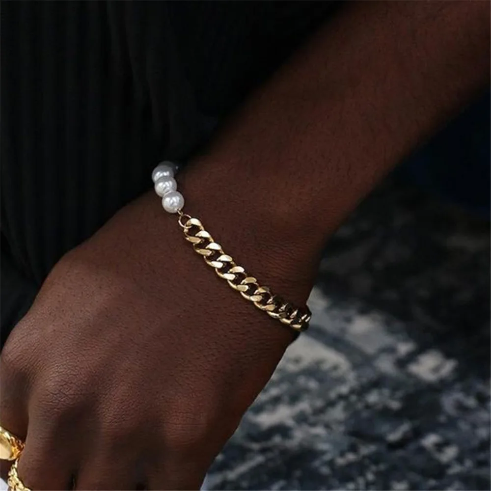 Einfaches Edelstahl-Perlenarmband in Silberfarbe, Herren-Kubakette, Retro-Party-Schmuck, Herrenmode-Accessoires – Detail 6