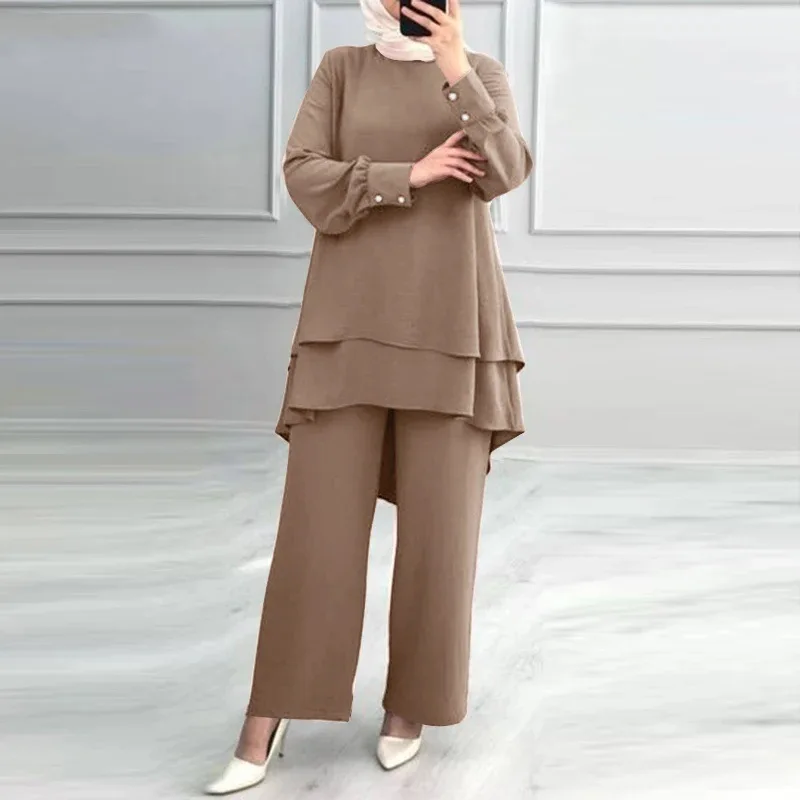 Women Muslim 2 Piece Set Blouse Double Top Wide Leg Pants Suit Morocco Ramadan Casual Ensemble Dubai Arab Trousers Outfits