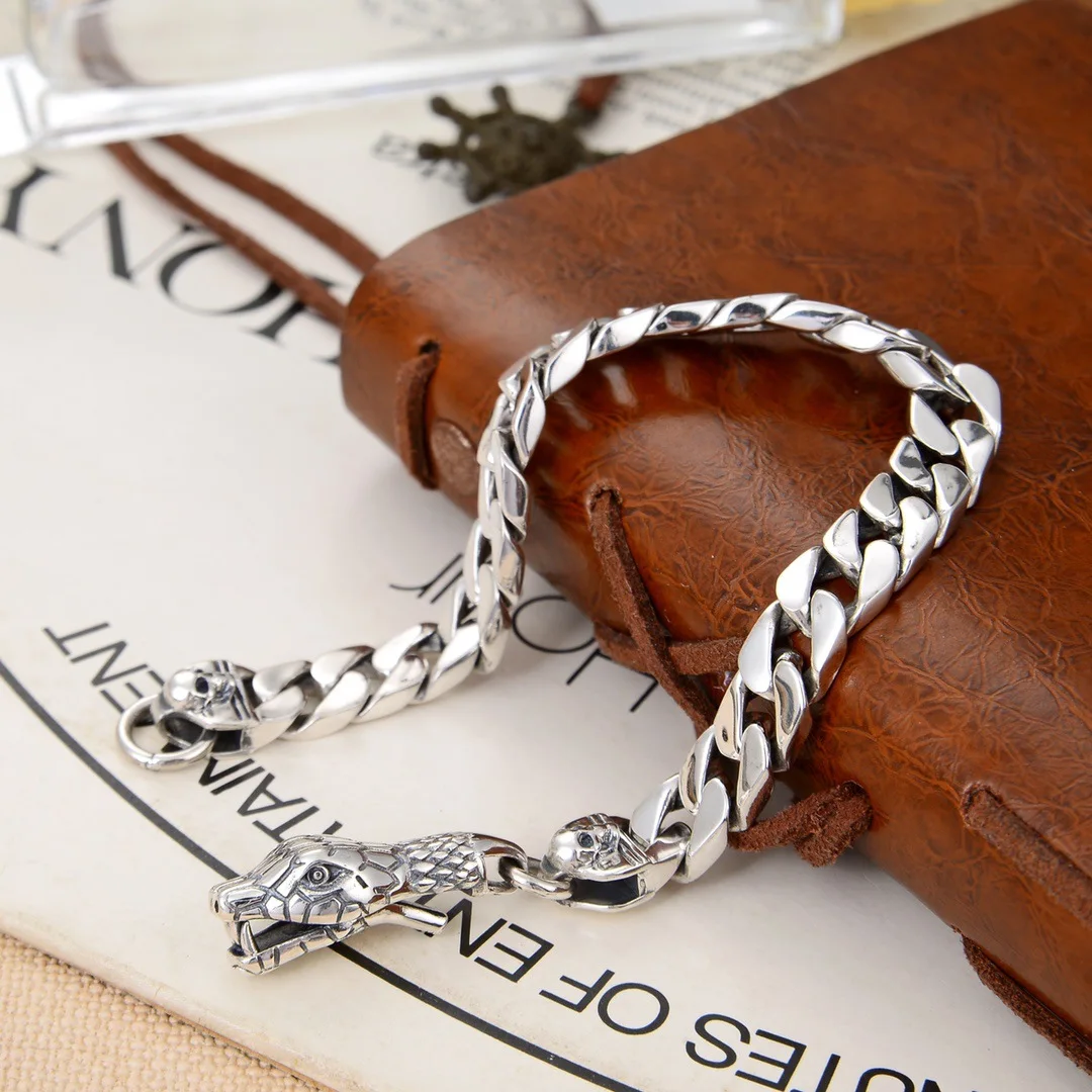 S925 Sterling Silver Vintage Snake Head Curb Chain Bracelet Retro Textured Cuban Link Bracelet Unique Men's Silver Jewelry Gift