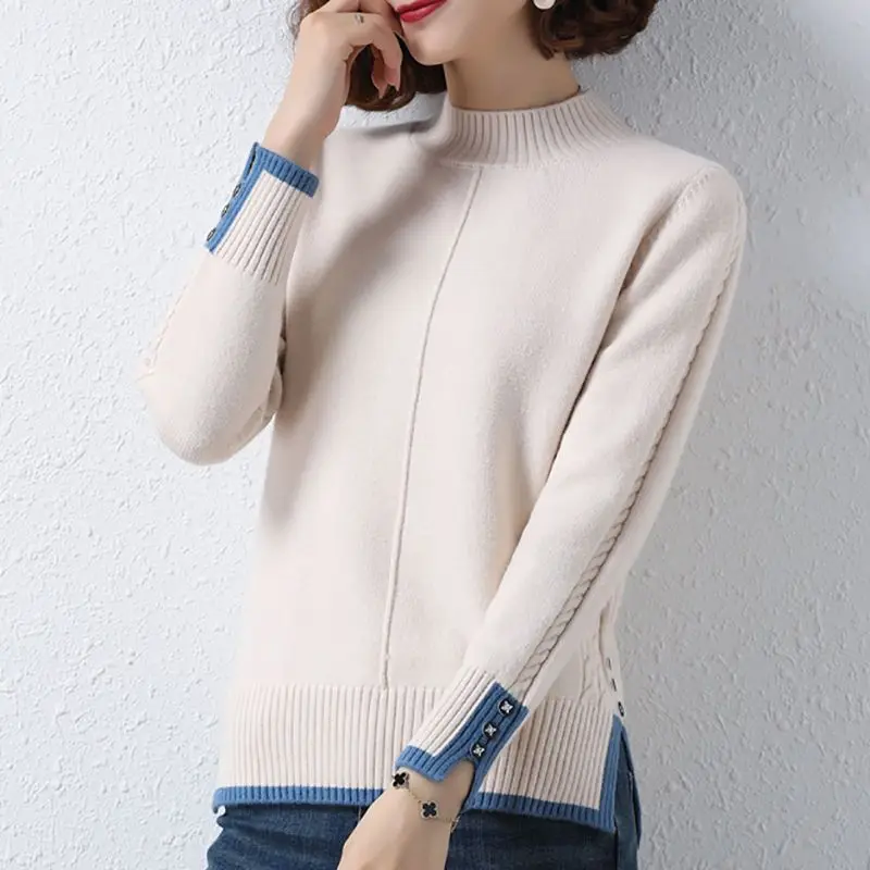 

Женская одежда, пуловер с длинным рукавом, полувысокий воротник, винтовая резьба, свитер контрастного цвета, вязаные осенне-зимние повседневные топы