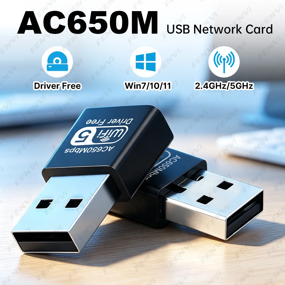 AC650 USB2.0 WiFi Adapter Dual Band 2.4G/5GHz 650Mbps Wireless Network Card Driver Free for Windows 11/10/7 PC Laptop
