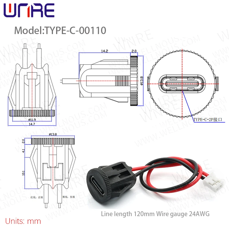 Type-c-00110 Snap Fastener 2P Electronic Device Fast Charging Data Cable Female Base Power Connection Port Socket USB Connector