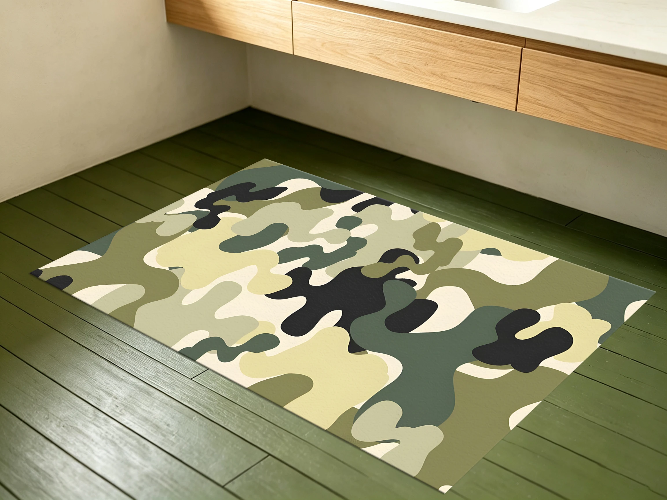2D Carpet with Military Green Camouflage Pattern as a Trendy Casual Choice for Living Room, Bedroom, and Gaming Room