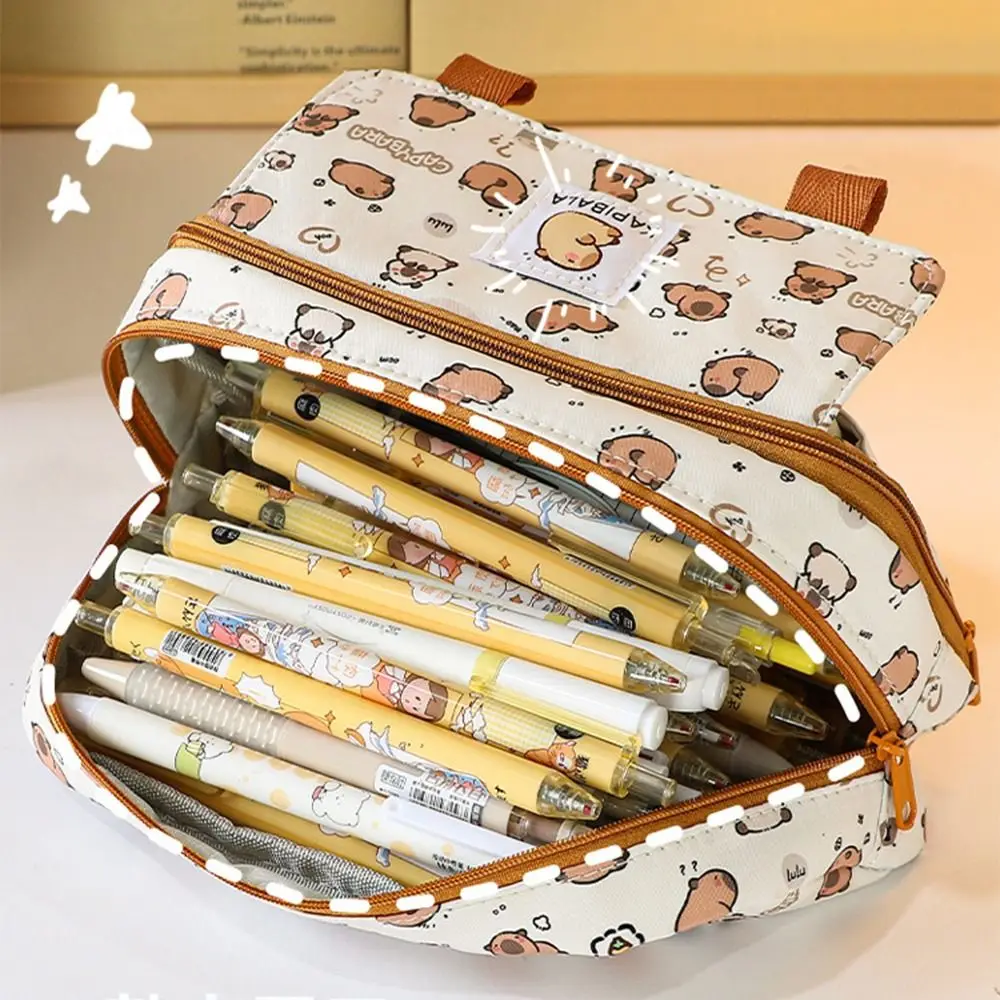 Cute Multi Layer Capybara Stationery Bag Pencil Cases Large Capacity Capibara Pencil Bag Canvas Cartoon Pen Pouch School