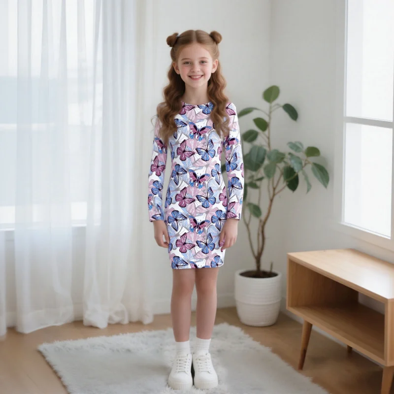 

2025 Girls' Long Sleeve Butterfly Print Dress - Suitable for Daily and Party Wear, Cute, Fashionable and Casual Children's Dress