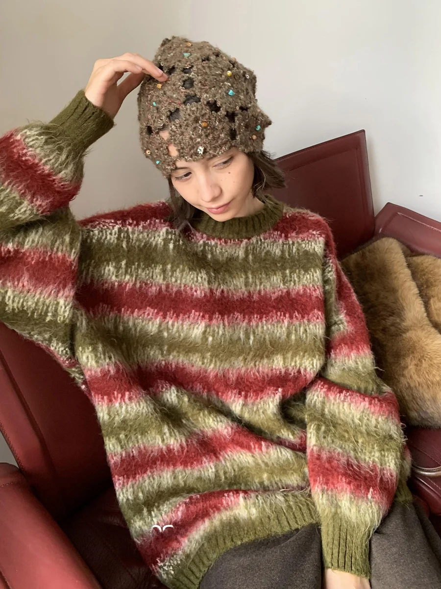 

DKZ Women's Loose Fit Color Blo Knit Sweater round Ne Pullover Autumn Winter New Sle Comfortable Lazy Faion Top