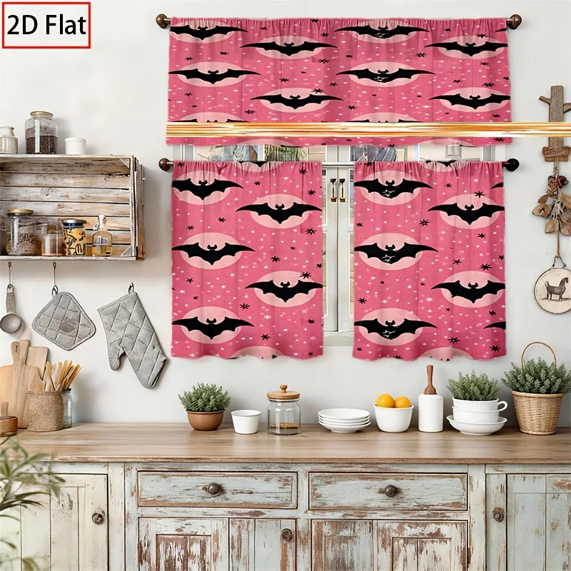  Pink Bats Halloween Kitchen Curtains, 2D Flat Print Cute Spooky Gothic Style for Halloween Holiday Home Decor