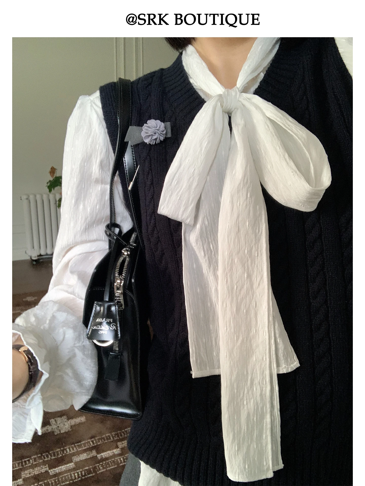 

SRK Sweet Loose Long Sve irt for Women with Bow Tie Design French Sle Cotton Blend Breathable Comfortable Daily Wear