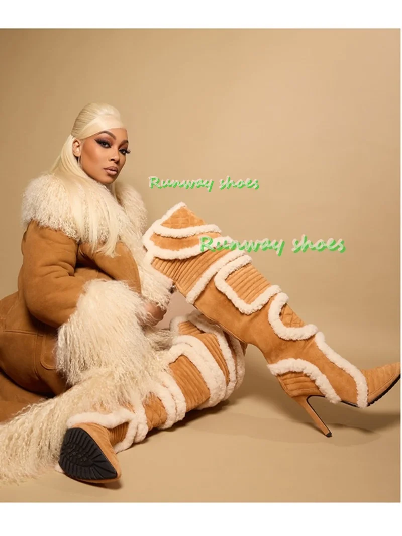 Winter Fleece-Lined For Warmth Tall Snow Boots Sexy Pointed Stilettos Over-The-Knee Boots Christmas-Themed Luxury Women's Shoes