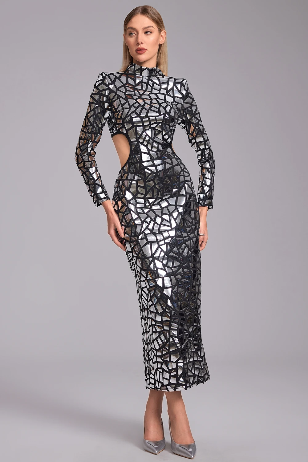 فستان نسائي طويل برقبة وهمية معكوسة ترتر أسود فستان ماكسي بأكمام طويلة فضي سباركلي أداء المغني