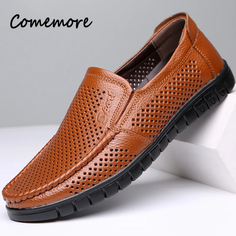 Comemore Fashion Summer Leather Shoes Men Flat Breathable Mesh Lightweigh Casual Sandals Soft Comfort Male Footwear Loafers