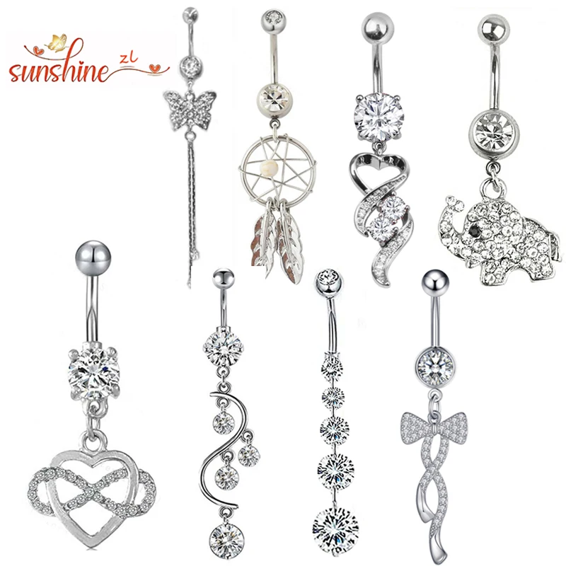 14G Long Dangled Belly Button Rings Stainless Steel Buttefly-Knot Heart Pearl Belly Piercing Nombril for Women Body Jewelry