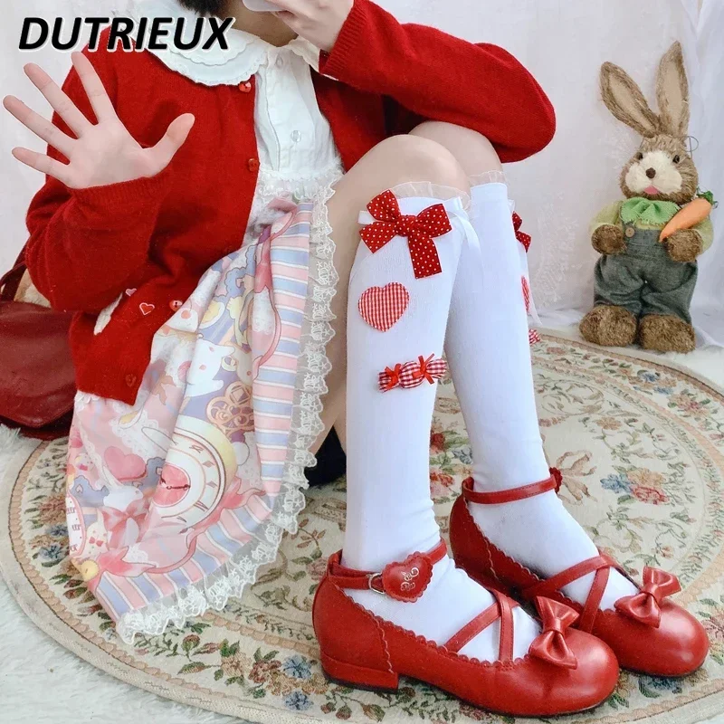 Japanese Lolita Style Sweet Girl Versatile Love Bow Calf Socks Spring and Autumn New Lace Cute Long Socks Stocking for Women