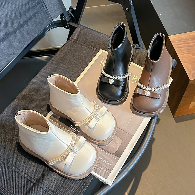 

2025 Winter New Girls Boots Sweet Elegant Kids Princess Warm Leather Boots Versatile Children Causal Ankle Boots