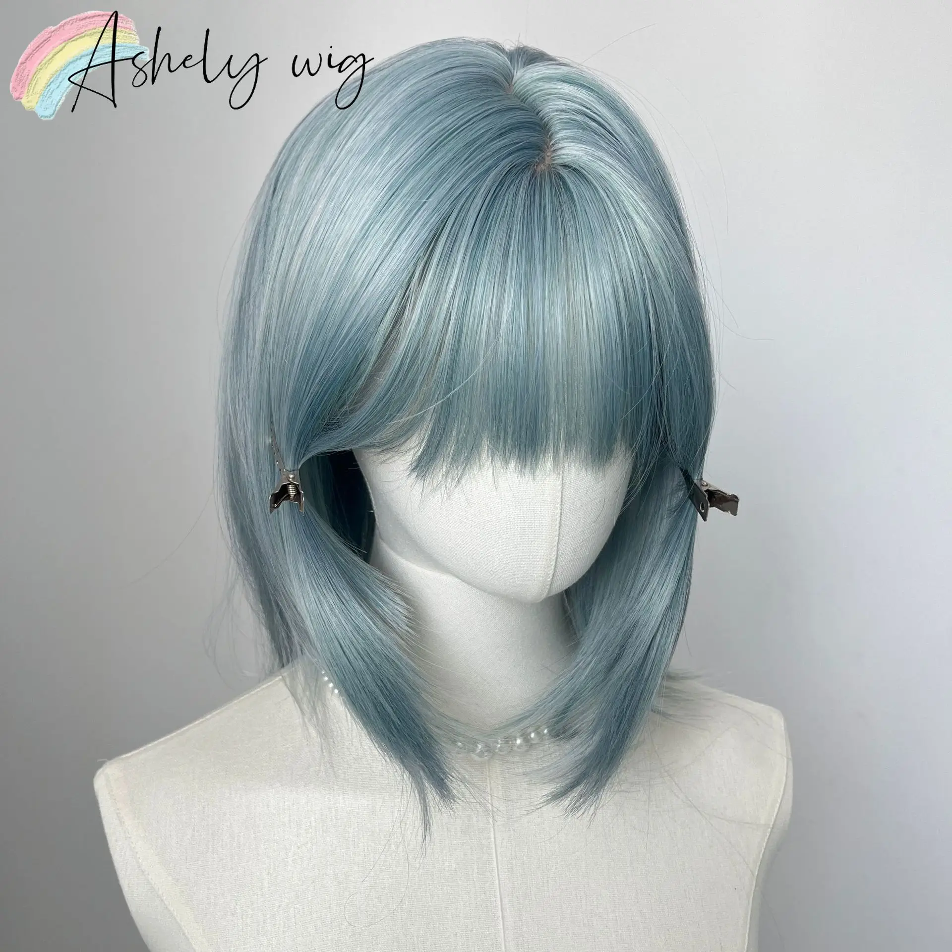 Misty Blue The Wig Features A Mullet Hairstyle Wolf Tail Hairstyle Straight Bangs Collarbone Hair Wig Natural Grayish-blue Color