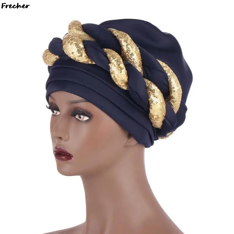 Arab Wrap Muslim Scarf Hijabs African Hats Headtie Sequin Braid Hat Women Pleated Beanie Headwrap Hair Cover Party Turban New